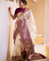 Cream Banarasi Silk Saree | Traditional Zari Weave