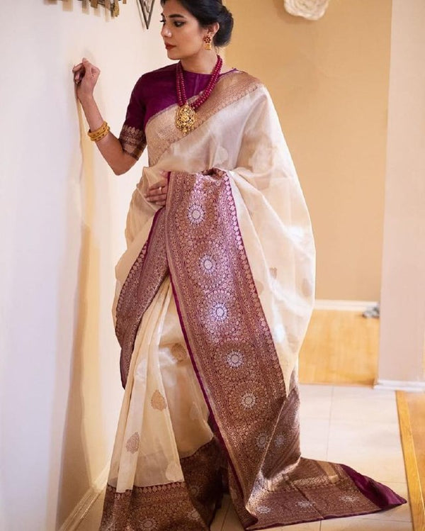 Cream Banarasi Silk Saree | Traditional Zari Weave