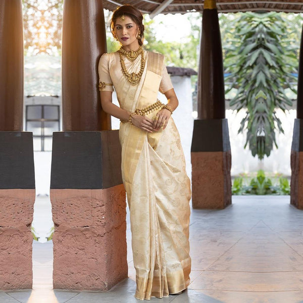 Cream Jacquard Silk Saree | Wedding & Reception Wear