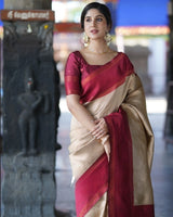 Cream Kanjivaram Silk Saree | Traditional Zari Weave