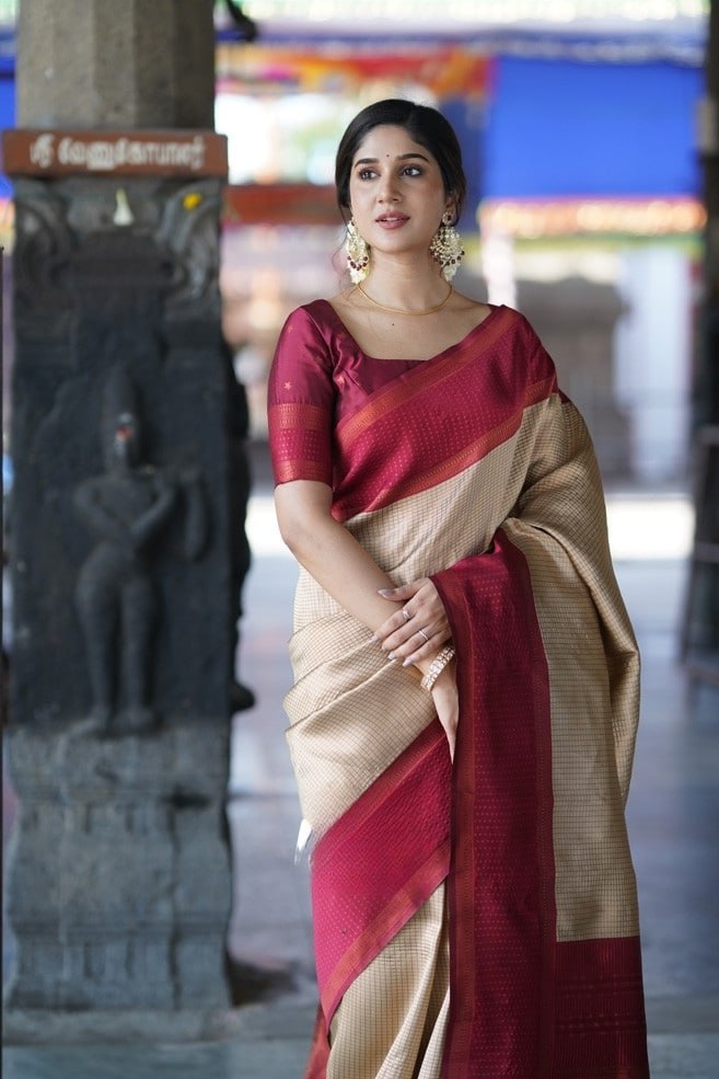 Cream Kanjivaram Silk Saree | Traditional Zari Weave