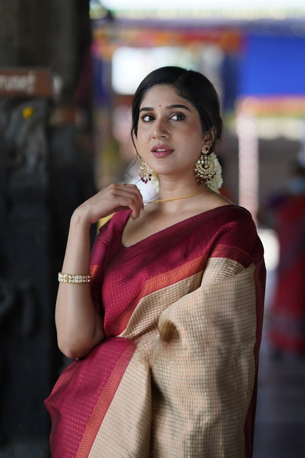 Cream Kanjivaram Silk Saree | Traditional Zari Weave