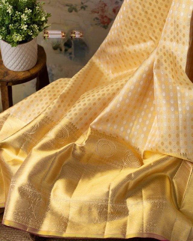 Cream Kanjivaram Silk Saree | Wedding & Reception Wear