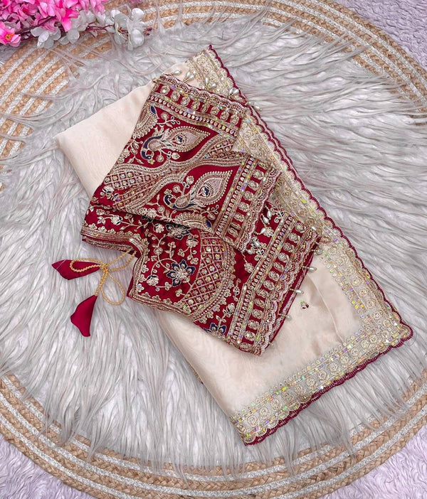 Cream Rangoli Silk Saree with Stitched Embroidery Blouse | RD LAXMI