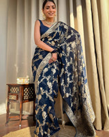 Dark Blue Jacquard Silk Saree | Rich Zari Border Saree