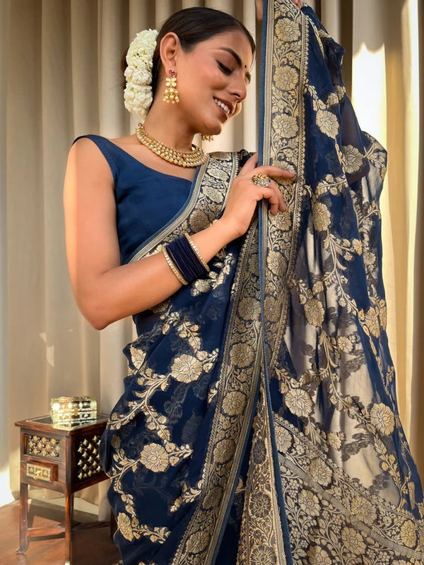 Dark Blue Jacquard Silk Saree | Rich Zari Border Saree