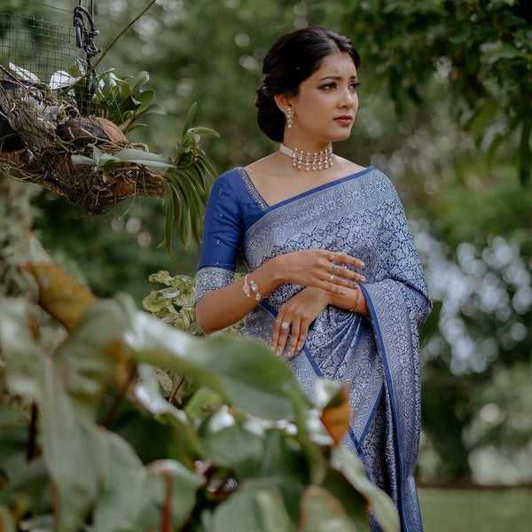Dark Blue Kanjivaram Silk Saree | Wedding & Reception Wear