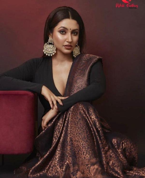 Dark Brown Banarasi Silk Saree | Festive & Party Wear