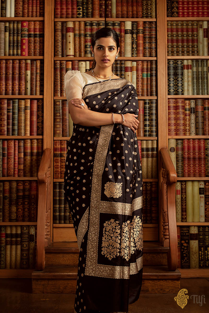 Dark Brown Jacquard Silk Saree | Traditional Wedding Wear