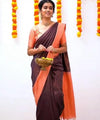 Dark Brown Jacquard Silk Saree | Wedding & Festive Wear