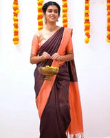 Dark Brown Jacquard Silk Saree | Wedding & Festive Wear