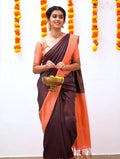 Dark Brown Jacquard Silk Saree | Wedding & Festive Wear