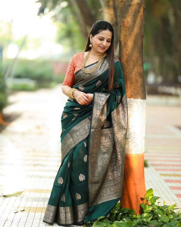 Dark Green Banarasi Silk Saree | Traditional Wedding Wear