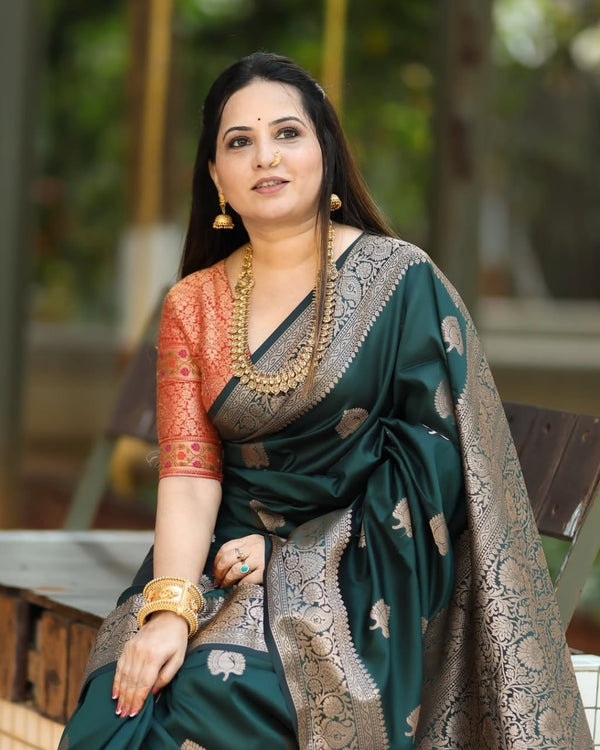 Dark Green Banarasi Silk Saree | Traditional Wedding Wear