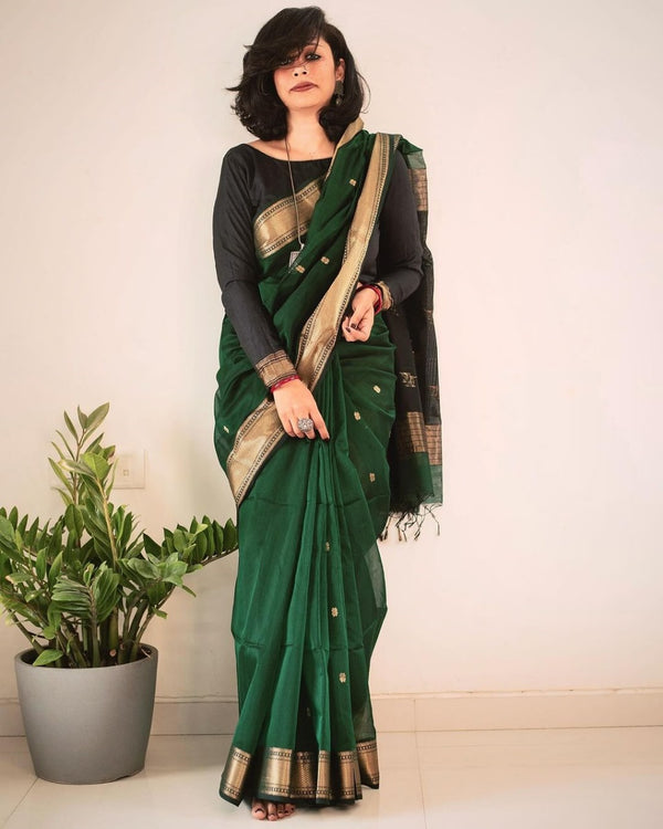 Dark Green Cotton Saree | Everyday Ethnic Wear