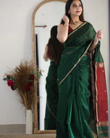 Dark Green Cotton Saree | Festive & Party Wear