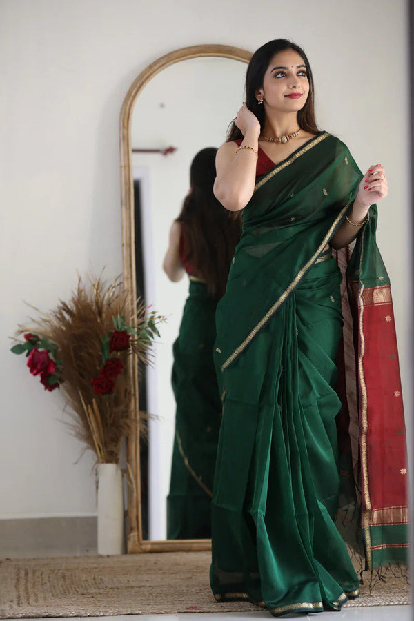 Dark Green Cotton Saree | Festive & Party Wear detail view