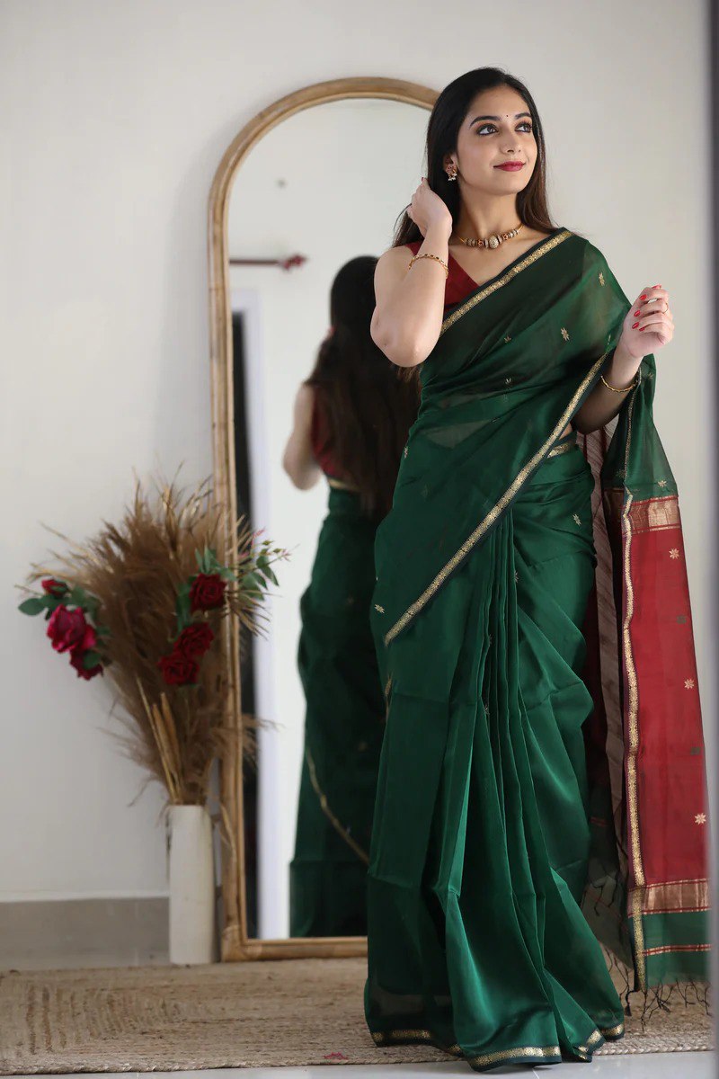 Dark Green Cotton Saree | Festive & Party Wear