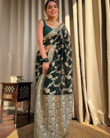 Dark Green Jacquard Silk Saree | Rich Zari Border Saree
