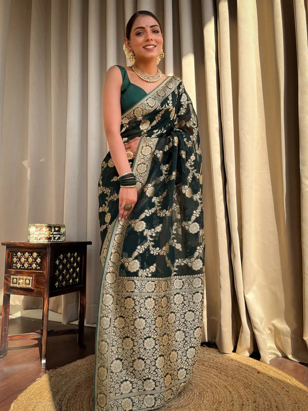 Dark Green Jacquard Silk Saree | Rich Zari Border Saree
