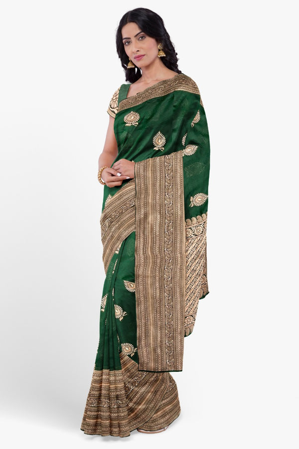 Dark Green Jacquard Silk Saree | Rich Zari Border Saree