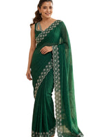 Dark Green Satin Saree with Zari Weaving & Siroski Border | RD TANISHKA