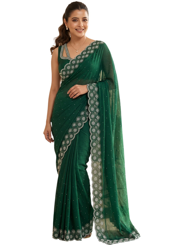 Dark Green Satin Saree with Zari Weaving & Siroski Border | RD TANISHKA detail view
