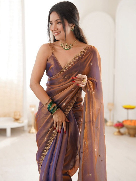 Dusky Purple Space Silk Sequin Embroidery Saree for Party Wear | RD KAVYA