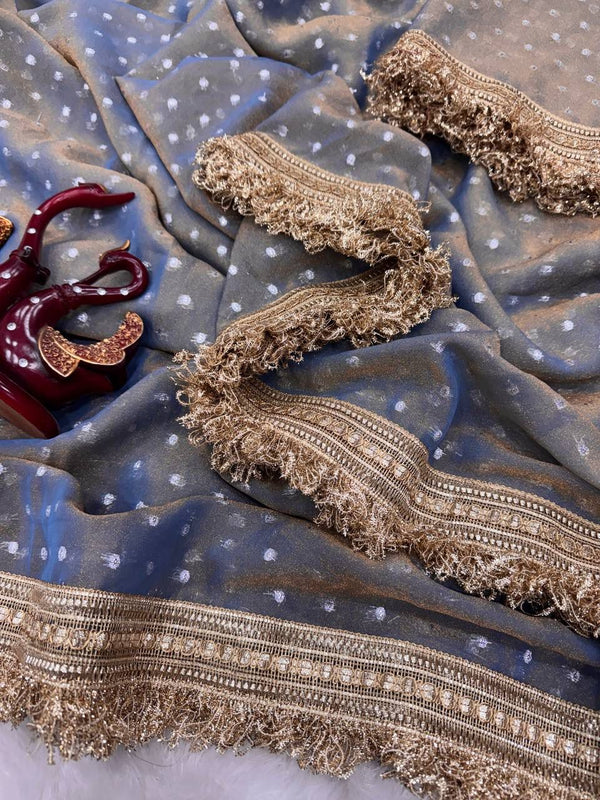 Dusty Grey Moss Satin Saree with Maharani Big Border | RD PRIYA