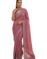 Dusty Rose Satin Saree with Zari Weaving & Siroski Border | RD TANISHKA