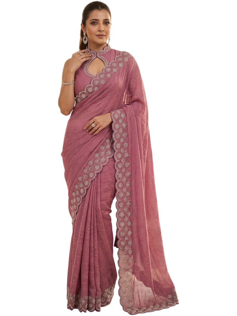 Dusty Rose Satin Saree with Zari Weaving & Siroski Border | RD TANISHKA