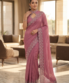 Dusty Rose Satin Saree with Zari Weaving & Siroski Border | RD TANISHKA