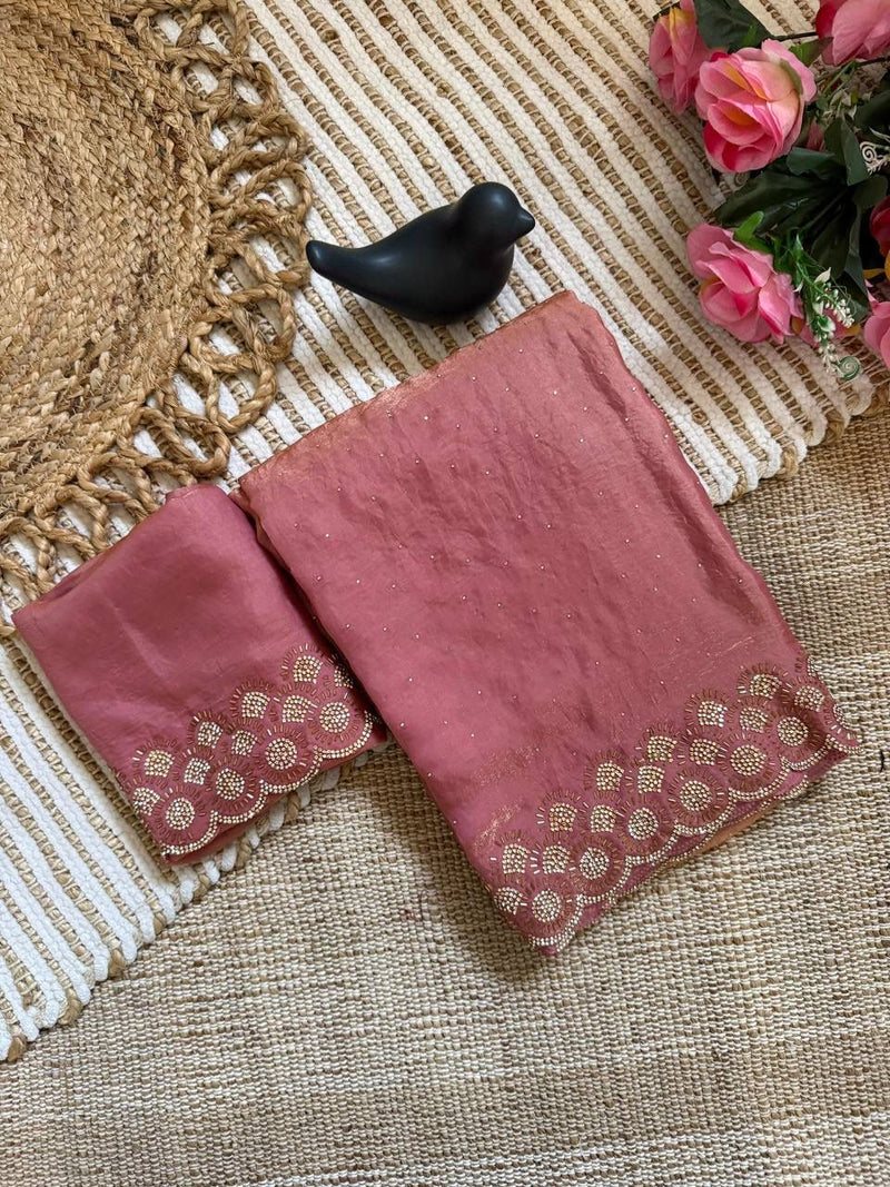 Dusty Rose Space Silk Jarkan Work Saree for Wedding & Party | RD TAMANAH