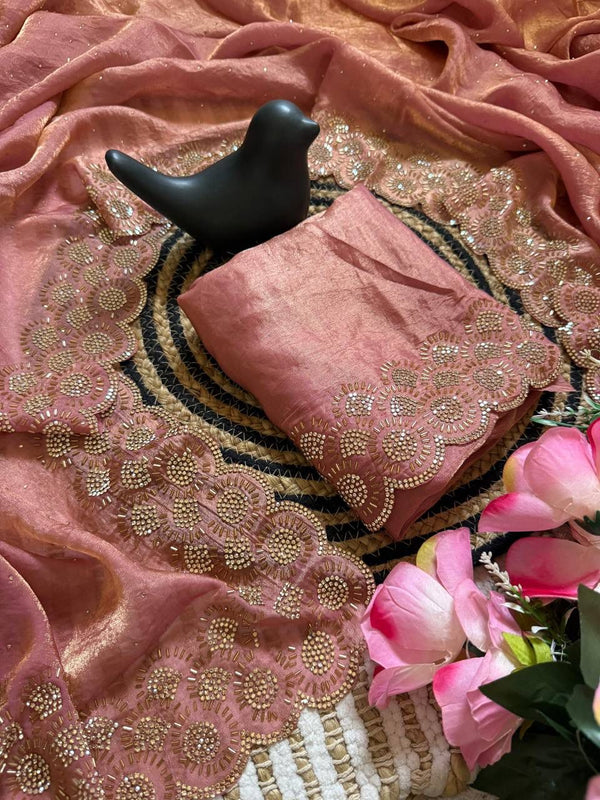 Dusty Rose Space Silk Jarkan Work Saree for Wedding & Party | RD TAMANAH