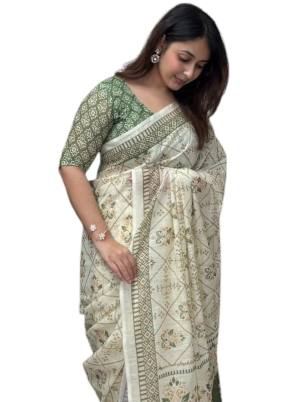 Elegant Premium Linen Cotton Saree - Pista | Daily Wear & Festive Wear
