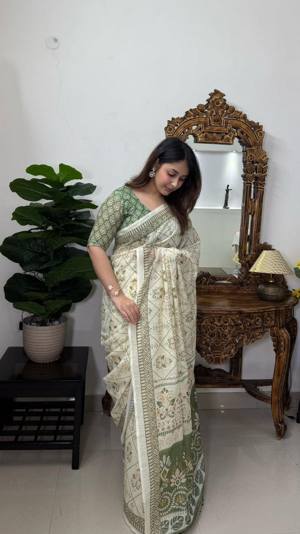 Elegant Premium Linen Cotton Saree - Pista | Daily Wear & Festive Wear