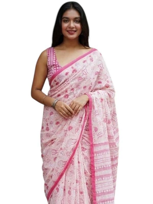 Elegant Printed Premium Linen Cotton Saree - Pink | Daily Wear & Festive Wear