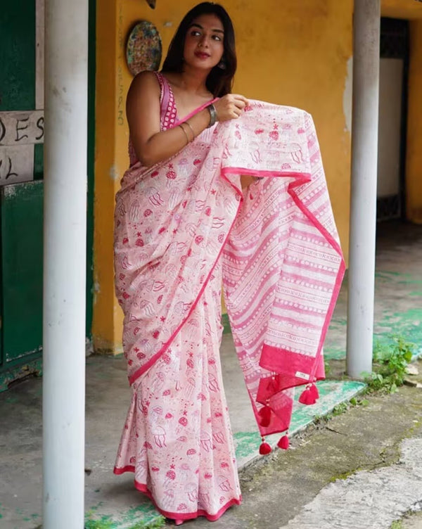 Elegant Printed Premium Linen Cotton Saree - Pink | Daily Wear & Festive Wear