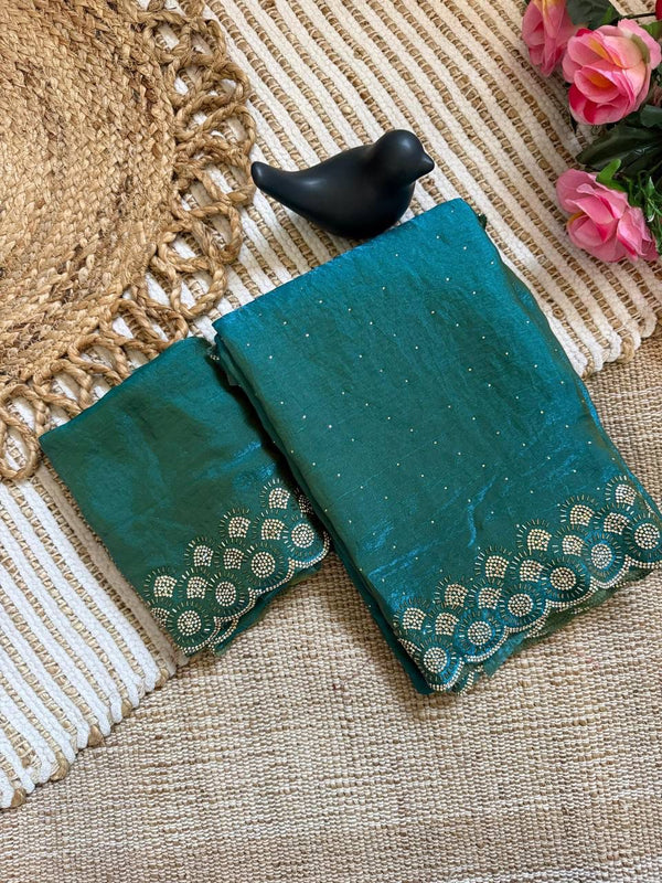 Emerald Green Space Silk Jarkan Work Saree for Wedding & Party | RD TAMANAH detail view
