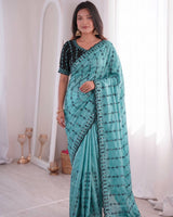 Firozi Mirror Work Saree with Floral Embroidery Border | RD HEMANI