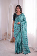 Firozi Mirror Work Saree with Floral Embroidery Border | RD HEMANI