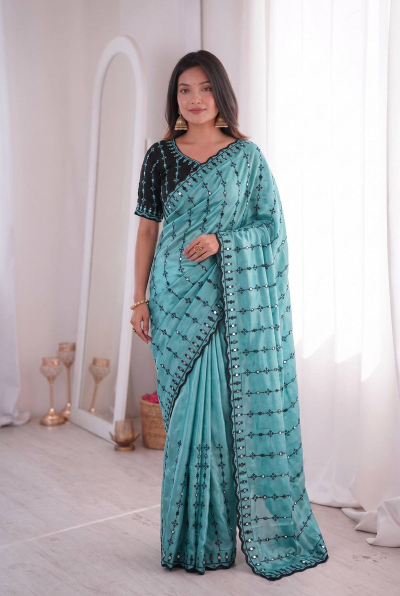 Firozi Mirror Work Saree with Floral Embroidery Border | RD HEMANI