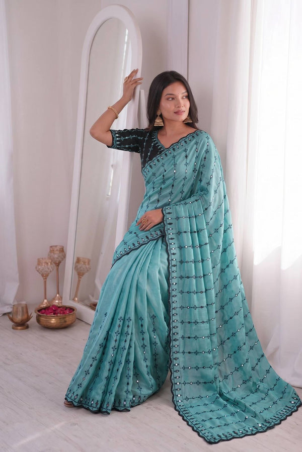 Firozi Mirror Work Saree with Floral Embroidery Border | RD HEMANI