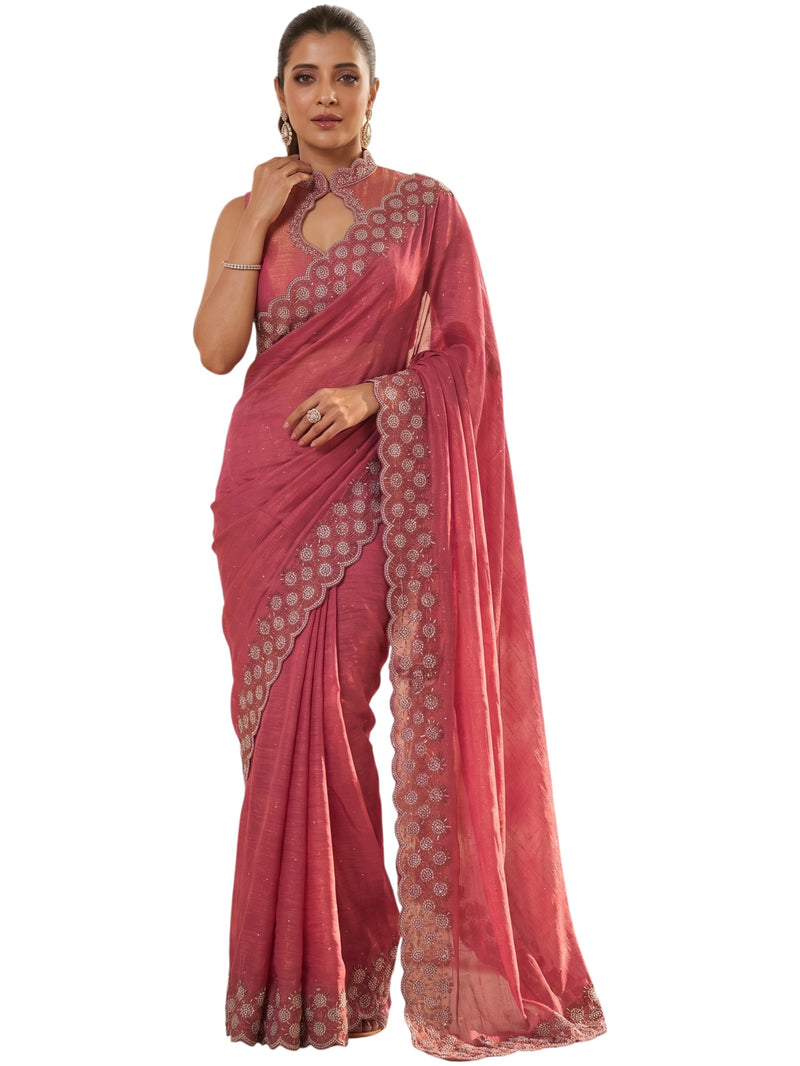 Gajri Pink Satin Saree with Zari Weaving & Siroski Border | RD TANISHKA