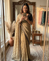 Gold Mirror Work Saree with Floral Embroidery Border | RD HEMANI