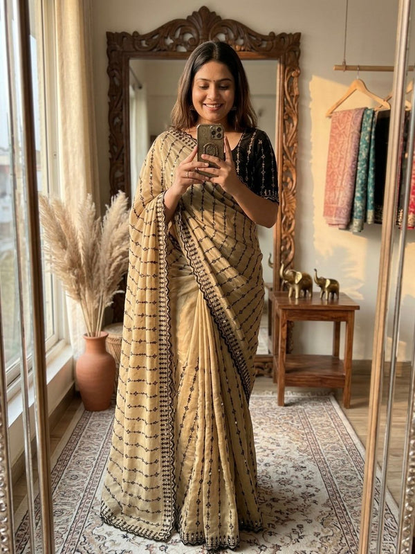 Gold Mirror Work Saree with Floral Embroidery Border | RD HEMANI detail view