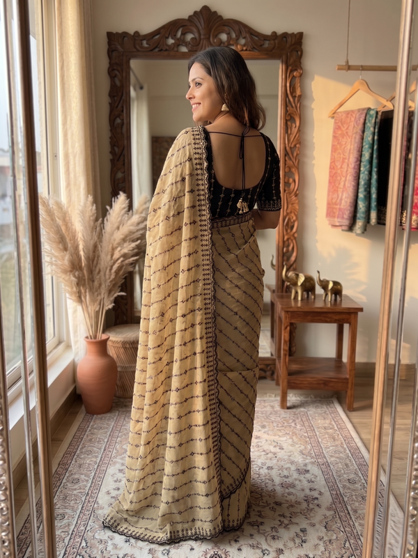 Gold Mirror Work Saree with Floral Embroidery Border | RD HEMANI