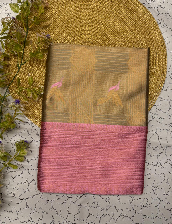Gold Pink Kanjivaram Silk Saree | Wedding & Festive Wear