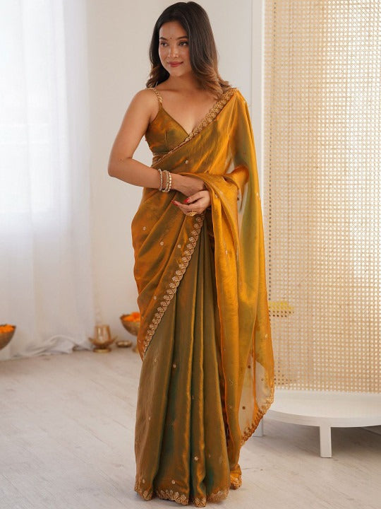 Gold Space Silk Sequin Embroidery Saree for Party Wear | RD KAVYA detail view
