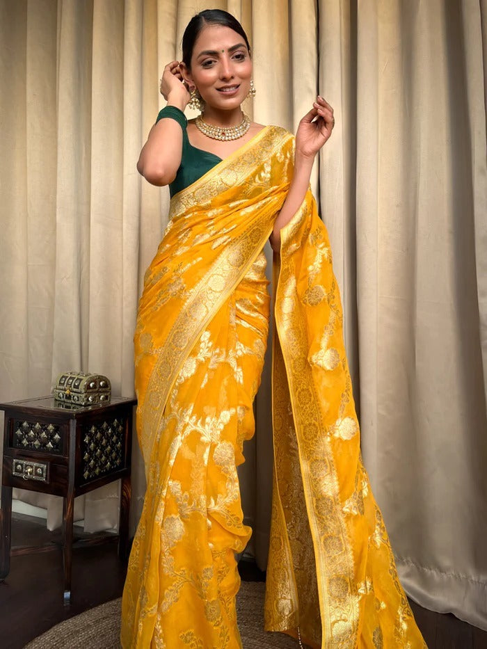 Gold Yellow Jacquard Silk Saree | Rich Zari Border Saree